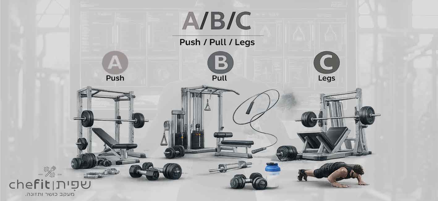 A/B/C שלושה אימונים מתחלפים (Push / Pull / Legs)